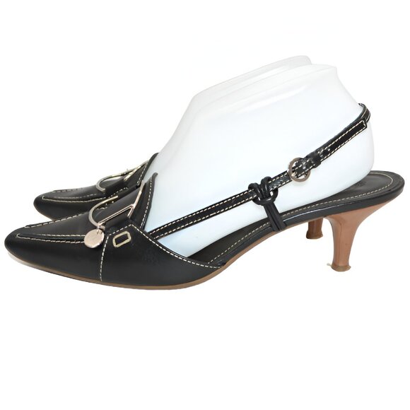 TOD'S Black Structured Minimalist Silver Metal Leather Slingback Kitten Heels 9 - Picture 5 of 15